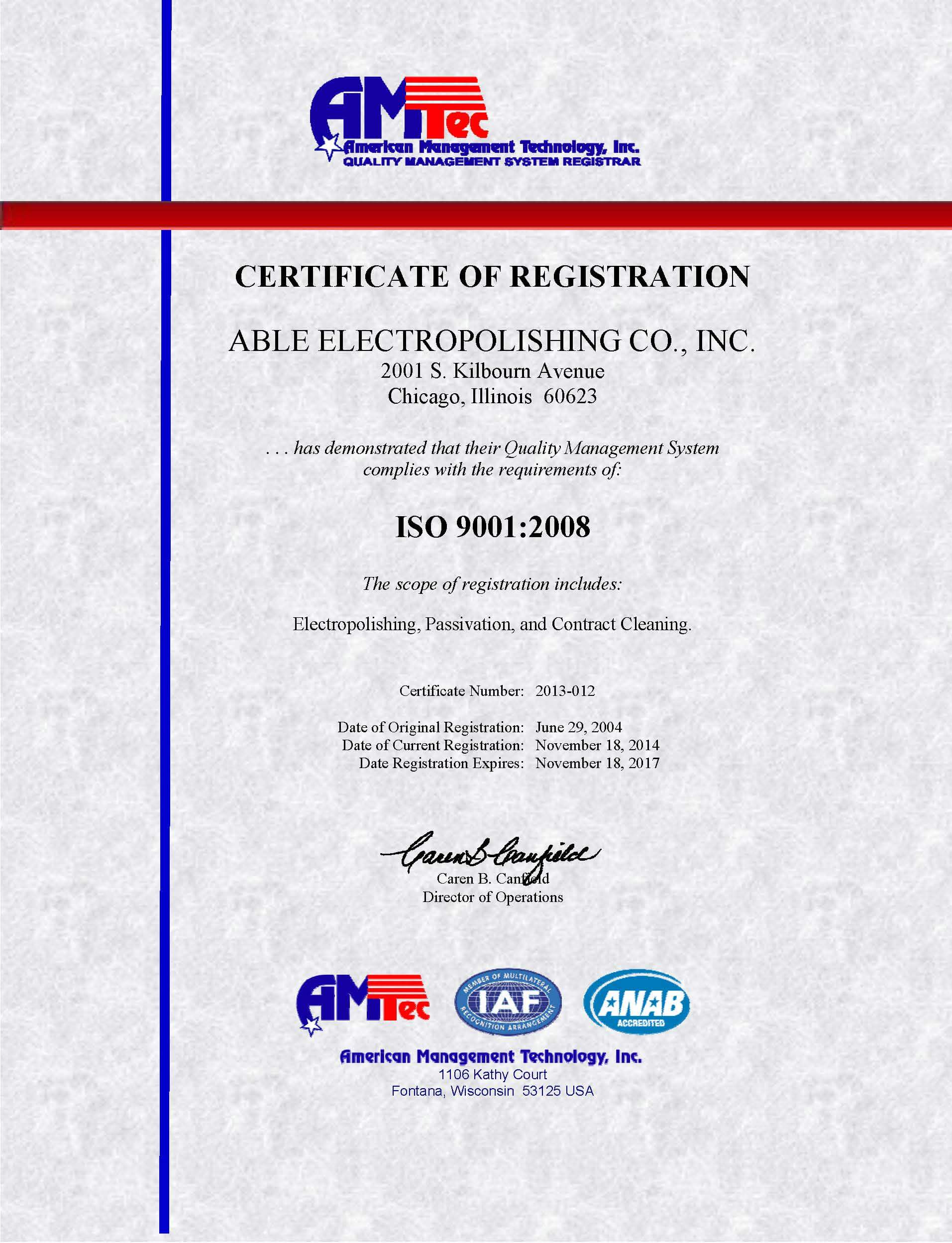 Able Electropolishing ISO Certification | Metal Finishing Company